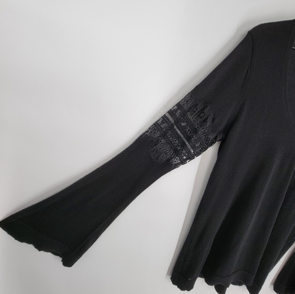 Black Cashmere Scoop Neck Bell Sleeve Lace Inset Sweater Medium NWT - Picture 3 of 8